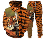 Tiger 3D Print Hooded Men's Sweatshirt Set