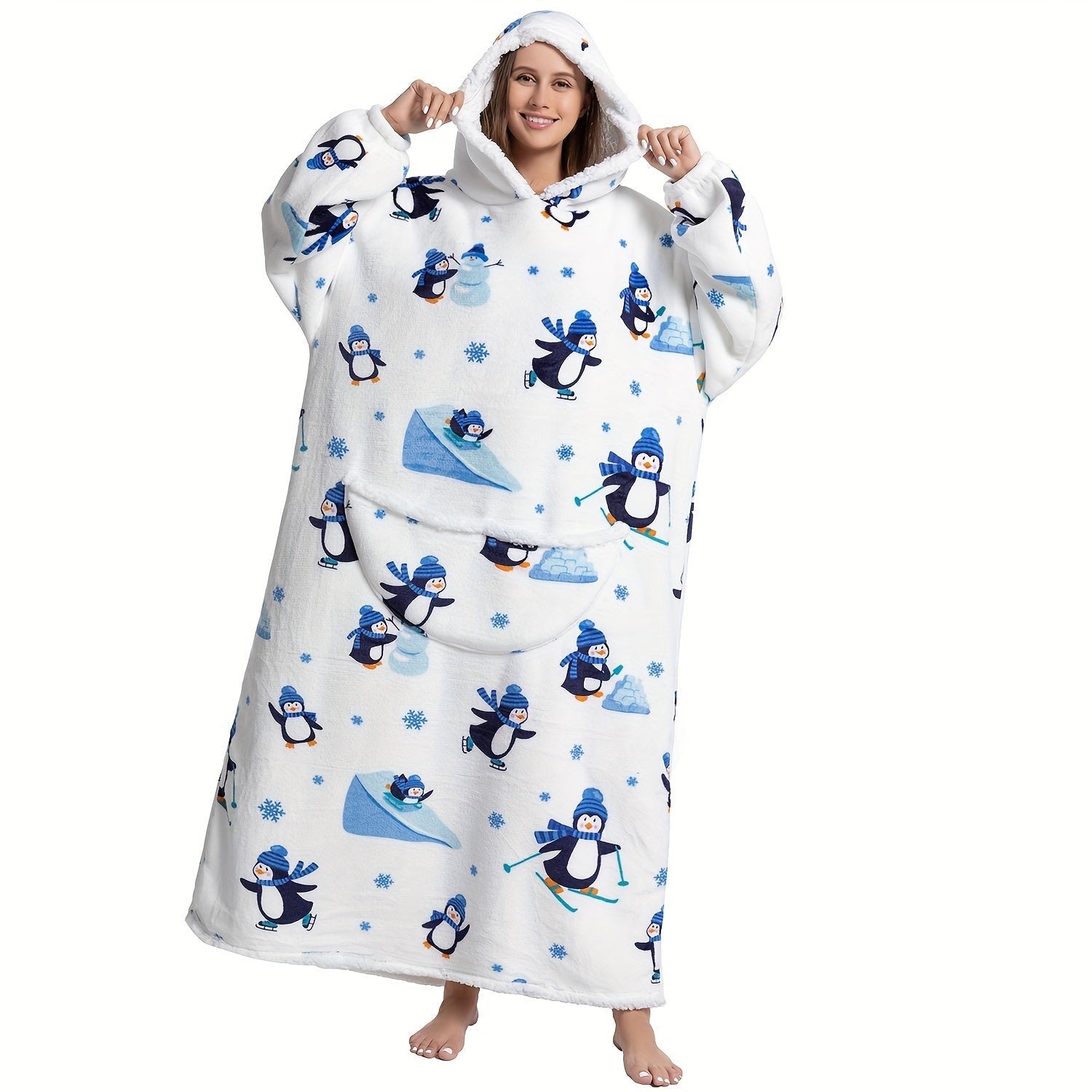 1pc Extra Long Oversized Cat Print Sherpa Fleece Hooded Blanket Sweatshirt - Ultra Soft, Warm, Wearable, Machine Washable, and Industrial Style - Perfect Gift for Women and Men Adults Lootquake LLC
