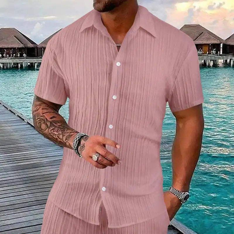 Polo Collar Solid Color Short Sleeve Button Men's Casual Loose Short Sleeves Shirt