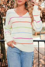 White Striped V Neck Drop Sleeve Sweater for Women - Femstylo