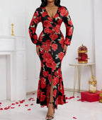 Ladies' V-neck Floral Print Fashionable Hip Hugging Dress - SJB-DIAMOND ELITES