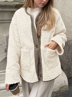 Modern Cozy Women Luxuriously Cozy Contrast Button Up Sherpa Jacket with Pockets For Fall & Winter Stevvex
