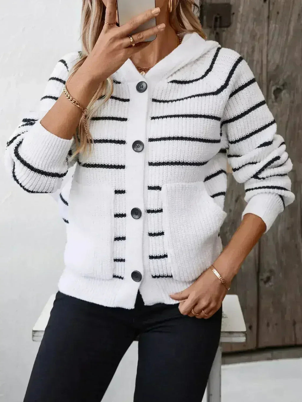 Striped Button Up Long Sleeve Hooded Cardigan - SJB-DIAMOND ELITES