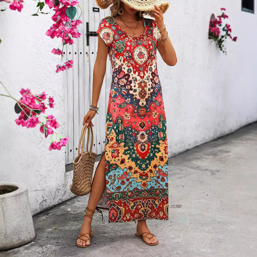 Women's Long 3D Printed U-neck Casual Dress Lootquake LLC