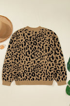 Light French Beige Rib Trim Round Neck Leopard Print Off-shoulder Sweater Pi-Mart