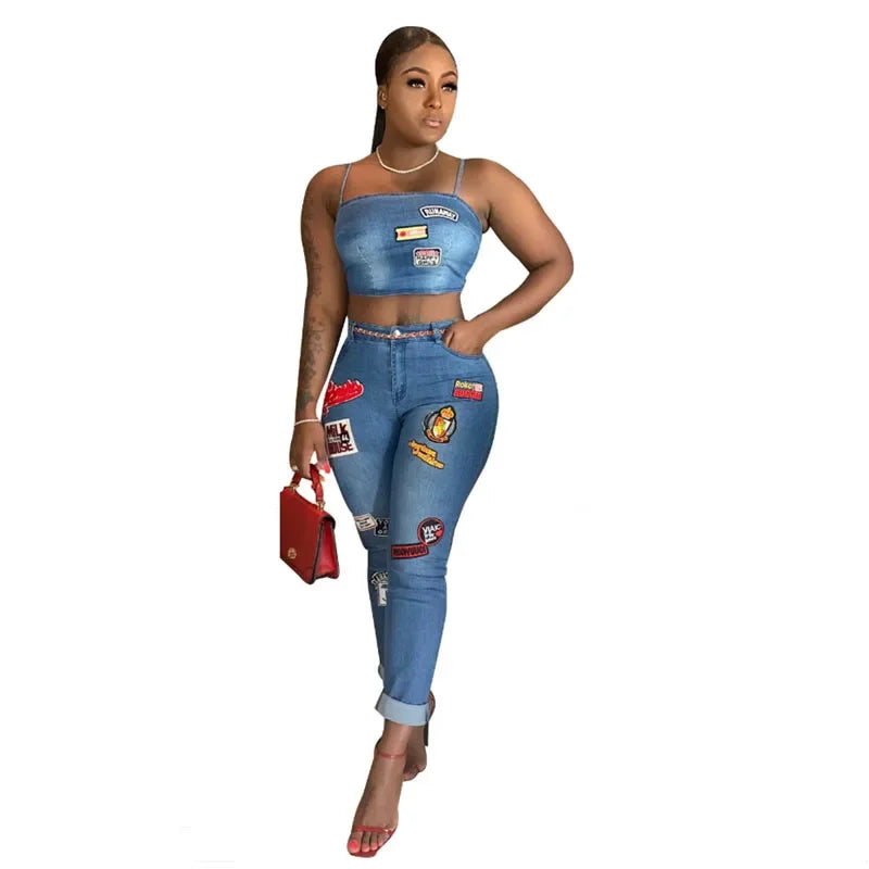 Summer Jeans Outfits 2024 Women Clothes Sets 2 Piece Birthday Party Club Sexy Crop Top and Pants Denim Two Piece Mathcing Set Purplish Diva
