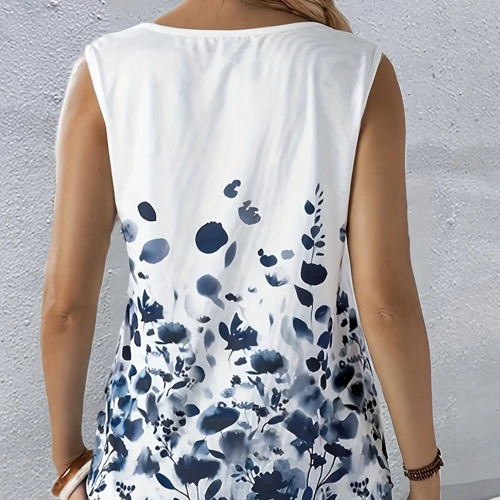 Ladies' Fashionable Sleeveless Vest With Printed Plant Vacation Style Seaside Vest