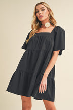 Square Neck Half Sleeve Tiered Summer Dress For Women–Elegant & Flattering with Ruched Detail & Chic Tiered Design