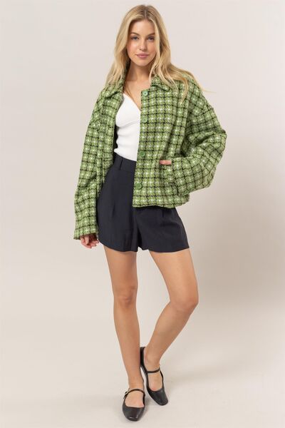 Cute Green Tweed Plaid Button Up Collared Neck Jacket Classic & Elegant Layering Piece Everyday Jacket Stevvex