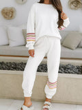 Striped Trim Round Neck Top and Pants Set THRIXINE