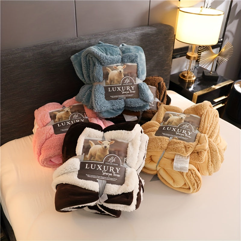 1pc Cozy Double Layer Sherpa Blanket for All Seasons - Perfect for Bed, Sofa, Camping and More!