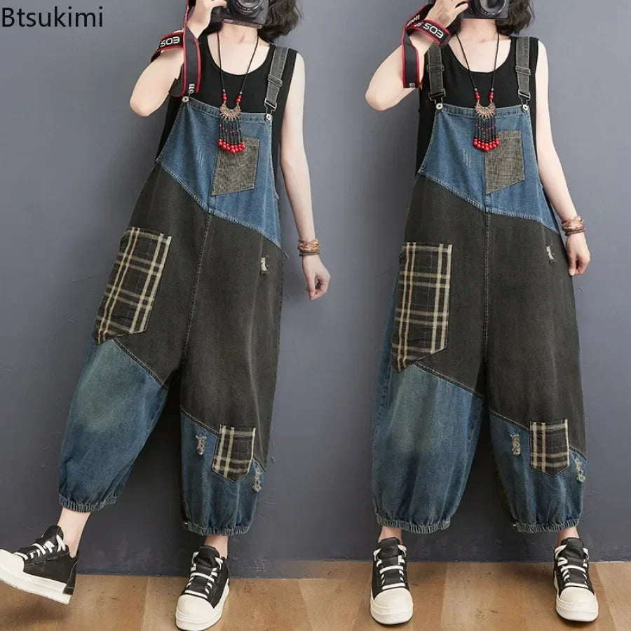 Oversized Denim Straps Pants Women's Fashion Plaid Patchwork Jumpsuits Casual Loose Ladies Wide Leg Reducing Age Jeans Rompers Purplish Diva