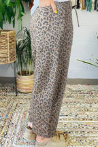 Blue Leopard Print Drawstring Waist Pocketed Wide Leg Jeans
