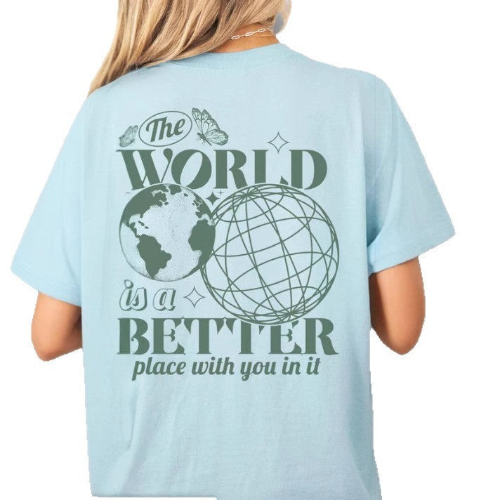 Letter 2D Printed Starry Sky Earth Cotton T-Shirt Lootquake LLC