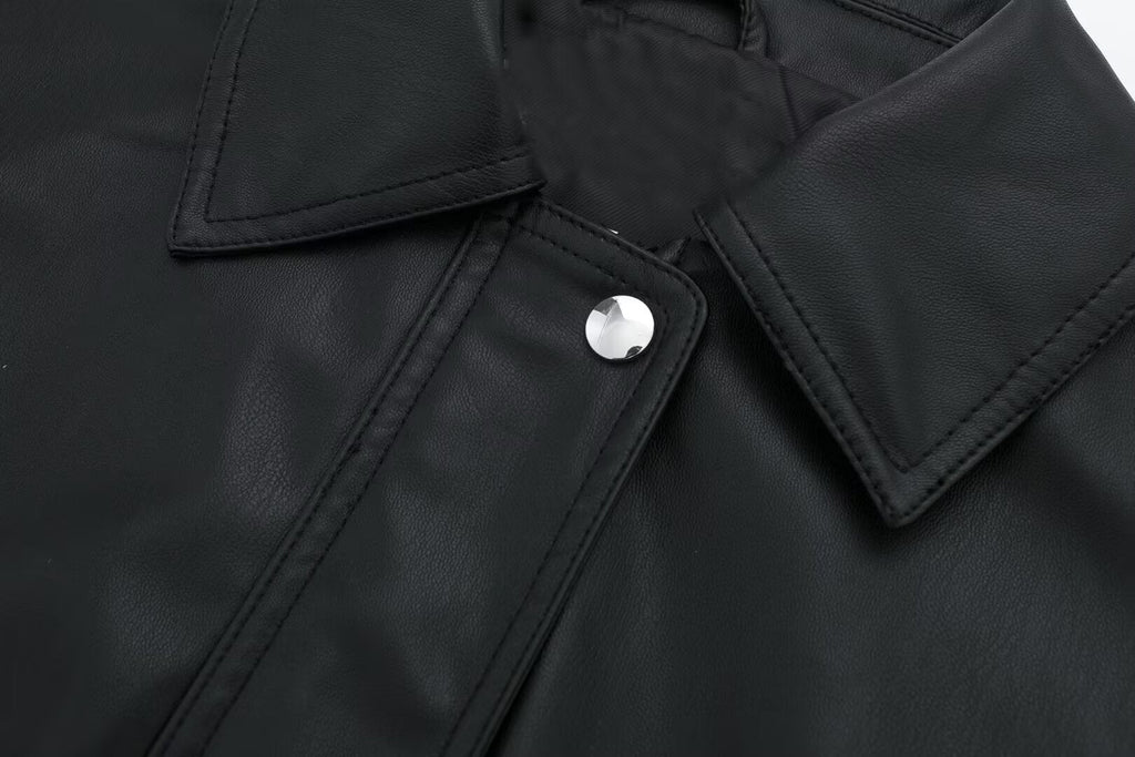 Women's Lapel Loose Faux Leather Bomber Jacket Coat Pi-Mart