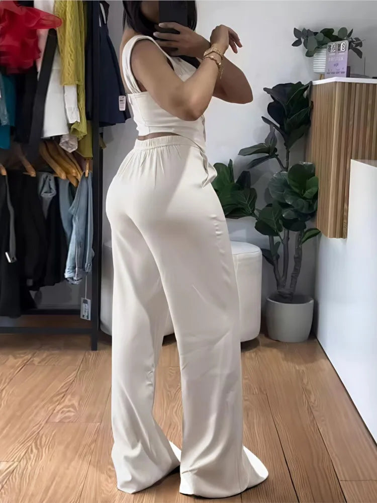 Chic Women Suit Y2k Sexy Two Piece Set Summer Sleeveless Slim Vest And Wide-leg Trouser Sets Elegant Solid Pants Women's Outfit Purplish Diva