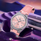 Women's Leather Strap Crystal Bezel Watch Rose Gold Luxury