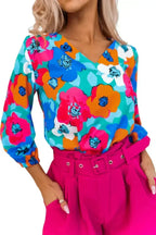 Floral V-Neck Blouse - 3/4 Sleeve Office Wear | Femstylo