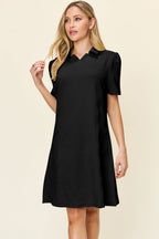 Double Take Full Size Texture Collared Neck Short Sleeve Dress Textured Dress For Women