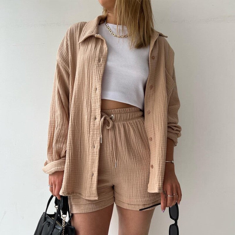 Spring Champray Lapel Long Sleeve Shirt High Waist Drawstring Shorts Plus Size Fashion Casual Set Pi-Mart