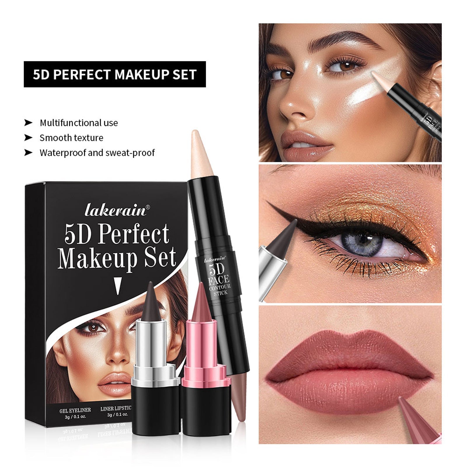 3 PCs Lipstick Lip Liner Eyeliner Highlight Contour Stick Suit 5D Face Makeup Set Suit
