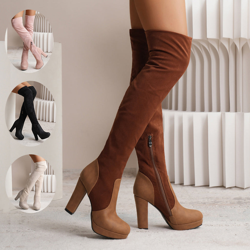 New Long Boots For Women Elastic Suede High Square Heel Over-the-knee Boots Fashion Party Shoes Winter Pi-Mart