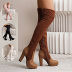 New Long Boots For Women Elastic Suede High Square Heel Over-the-knee Boots Fashion Party Shoes Winter Pi-Mart