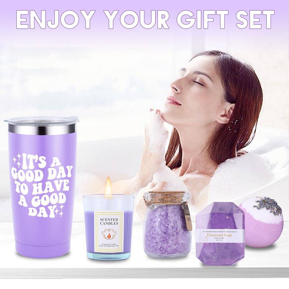 Lavender Bliss 8pcs Gift Set: Insulated Tumbler, Greeting Card, Hair Tie, Scented Candle, Bath Salts, Bath Bomb, Soap Bar - Alcohol-Free for All Skin Types Lootquake LLC
