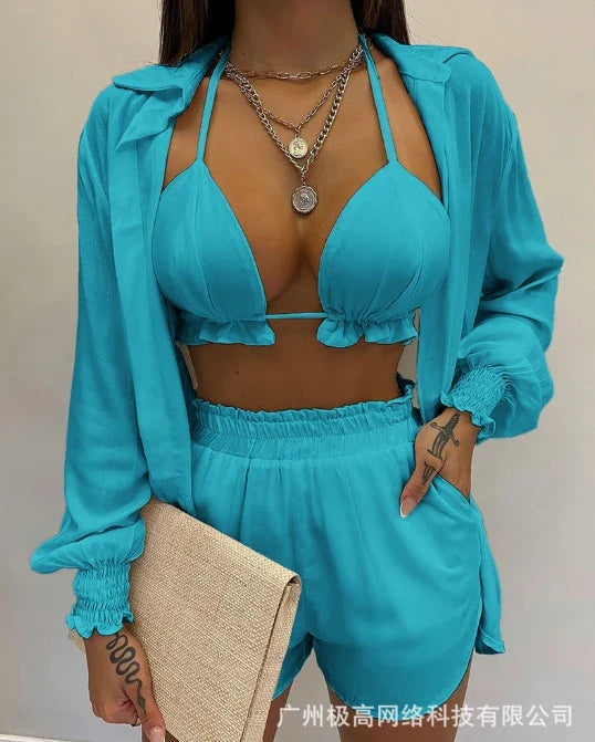 Lantern sleeve shirt and pocket design shorts set, solid color with ruffled edges and exposed navel top, new for 2025 Purplish Diva