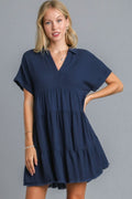 Women Dark Navy Full Size Raw Hem Folded Sleeve Dress Casual Plus Size Simple Dress Stevvex