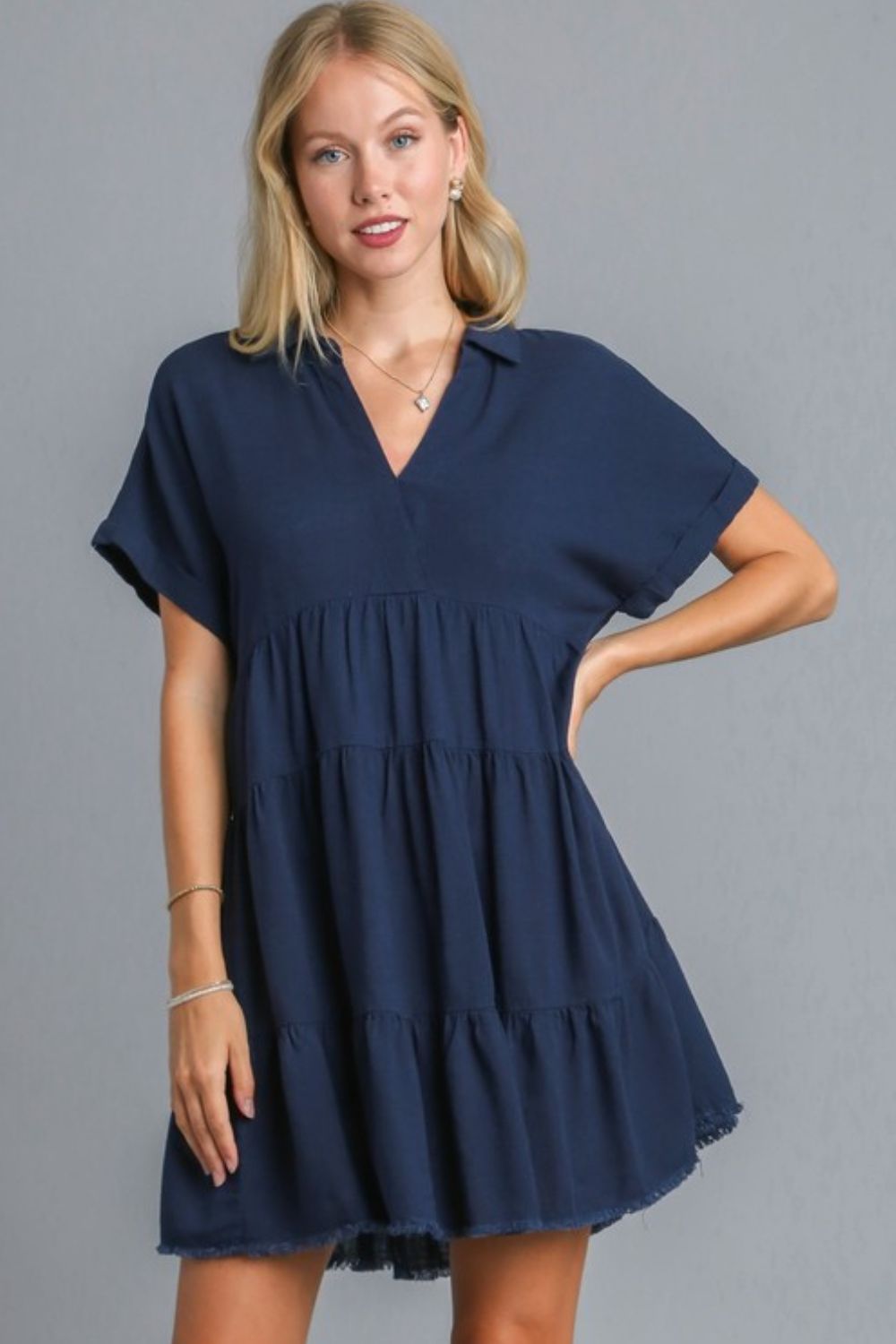 Women Dark Navy Full Size Raw Hem Folded Sleeve Dress Casual Plus Size Simple Dress Stevvex