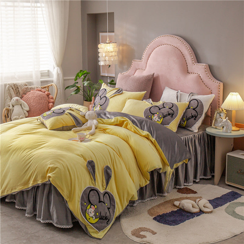 Coral Velvet Padded Warm Duvet Cover Princess Wind Bed Skirt Pi-Mart
