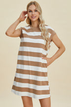 Full Size Striped Round Neck Cap Sleeve Mini Dress For Women – Striped Mini Dress, Full-Size Round Neck Dress, Comfortable Cap Sleeve Dress, Chic Striped Dress, Flattering Mini Dress, Casual Everyday Dress, Versatile Striped Dress Stevvex