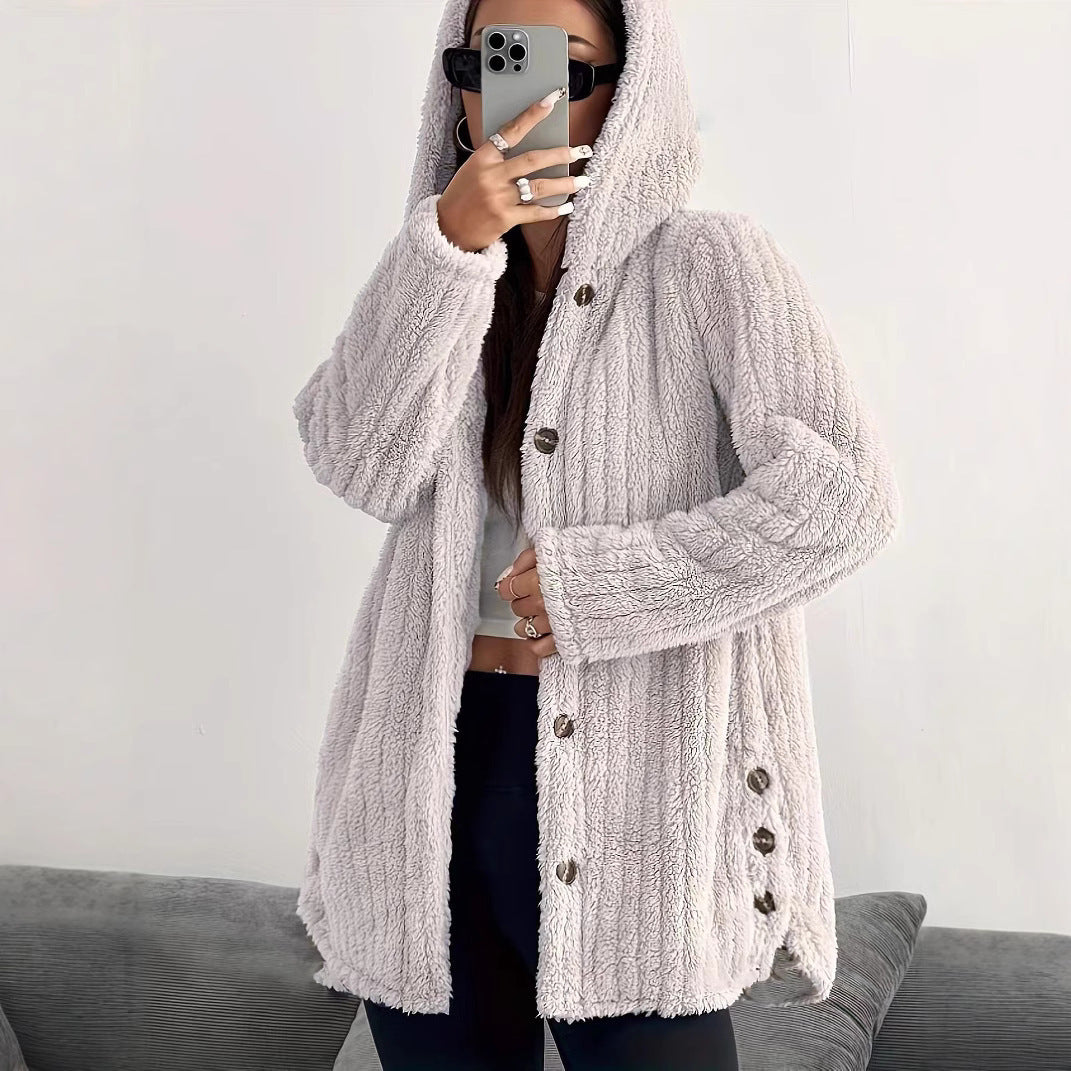 Hooded Loose Plush Coat Women's Regular Sleeve Pi-Mart