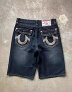 Women's retro Summer casual Buddha statue denim shorts Y2K sexy hot pants high waisted pocket embroidered street mini shorts Purplish Diva