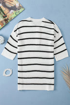 White Stripe Drop Shoulder Bracelet Sleeve Henley Knit Tee