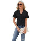 V-neck Hollow Design T-shirt Summer Loose Short-sleeved Top For Womens Clothing Pi-Mart