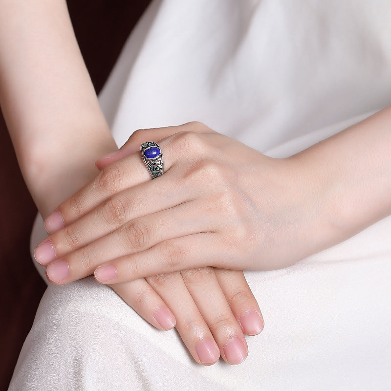 Sterling Silver Lapis Lazuli Hollow Enamel Leaf Ring Pi-Mart