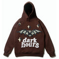Men's Bat Print Velvet Hoodie - American Retro Pullover with Wool Lining (Dark Brown) Pi-Mart