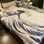 1pc Japanese Sea Wave Woven Double-sided Multi-functional Blanket, Bohemian Tapestry Hippie Room Decoration Geometric Blanket, Tassel Woven Blanket, Sofa Blanket Outdoor Hiking Backpacking Beach Travel Decoration Blanket, Wov