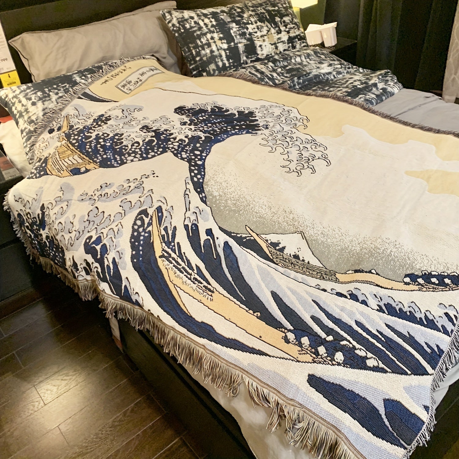 1pc Japanese Sea Wave Woven Double-sided Multi-functional Blanket, Bohemian Tapestry Hippie Room Decoration Geometric Blanket, Tassel Woven Blanket, Sofa Blanket Outdoor Hiking Backpacking Beach Travel Decoration Blanket, Wov