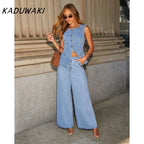 KADUWAKI Slim Denim Waistcoat Jeans 2pc Women Elegant Single Breasted O Neck Vest Wide Leg Pants Spring Lady High Street Outfits Purplish Diva