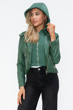 Women Classic Snobbish Faux Leather Zip-Up Drawstring Hooded Jacket Edgy & Casual PU Leather Jacket For Streetwear