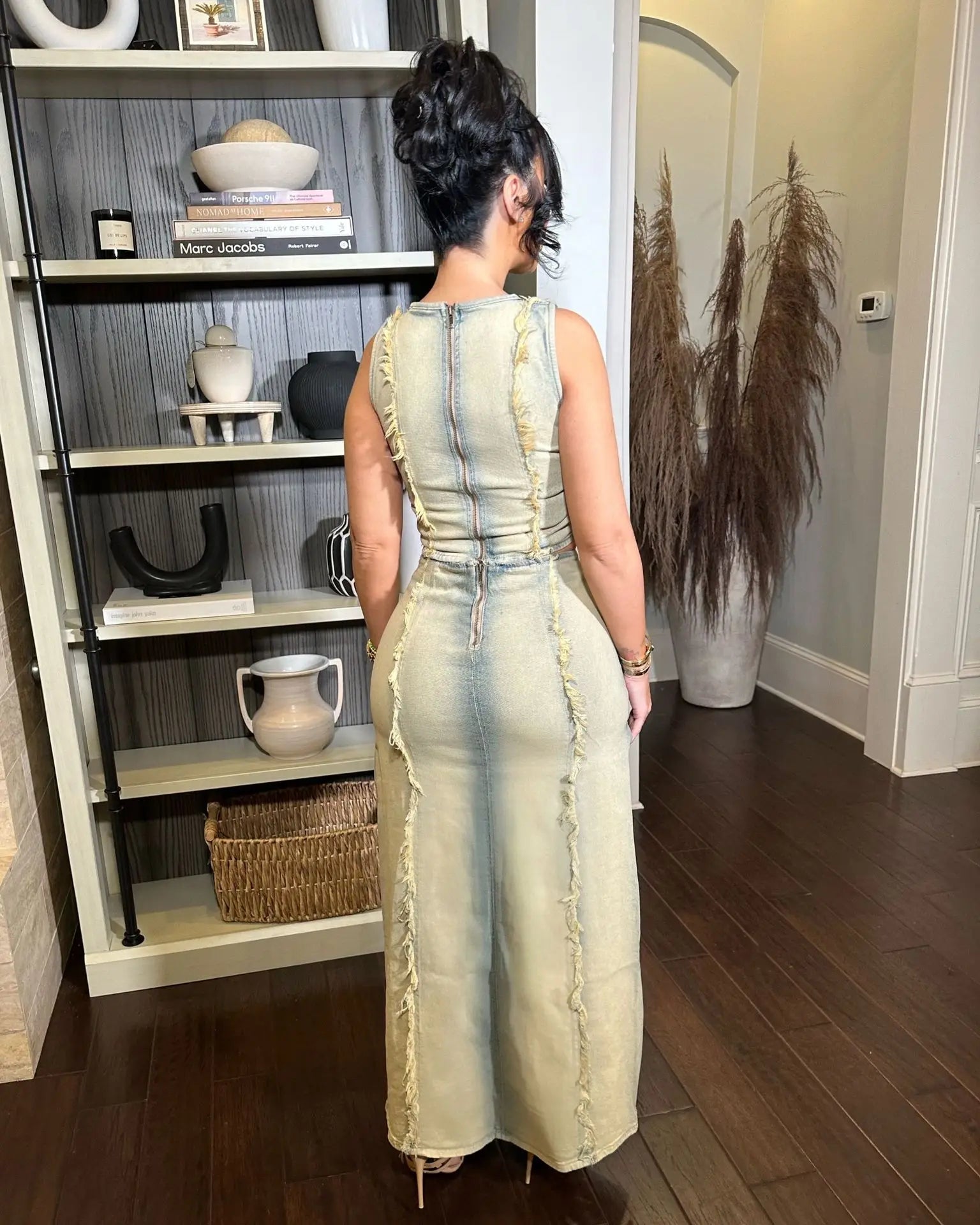 DSMTRC Women Sleeveless Crop Tank Tops and Split Side Maxi Skirt Streetwear Outfits Elegant Ripped Hole Denim Two 2 Piece Dress Purplish Diva
