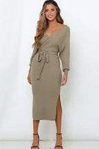 Surplice Neck Bow Waist Slit Sweater Dress
