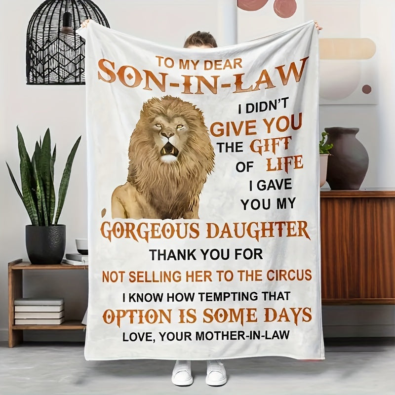 1pc Letter Flannel Blanket, To My Son-in-law Throw Blanket For All Season, Lion Pattern Warm Cozy Soft Blanket For Couch Bed Sofa Office Camping Lootquake LLC