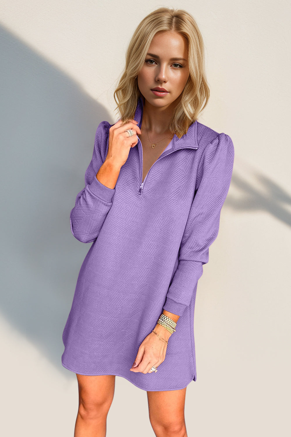 Double Take Textured Zip Long Sleeve Dress Classic Zip-Up Dress for Women Comfortable Outdoor Dress Stevvex