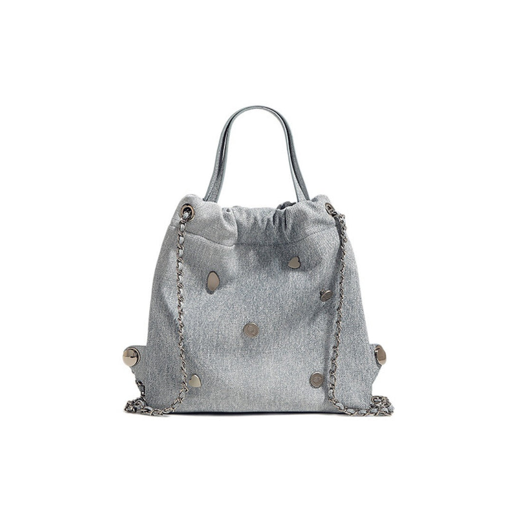 Denim blue chain backpack female, stylish and simple multi-functional portable shoulder bag, large capacity backpack with top handle - SJB-DIAMOND ELITES