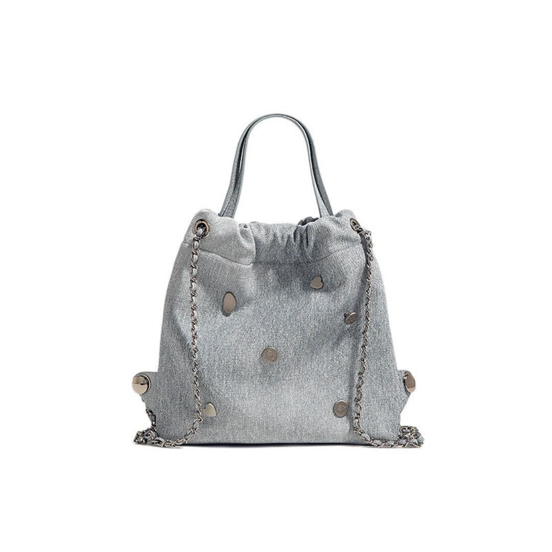 Denim blue chain backpack female, stylish and simple multi-functional portable shoulder bag, large capacity backpack with top handle - SJB-DIAMOND ELITES