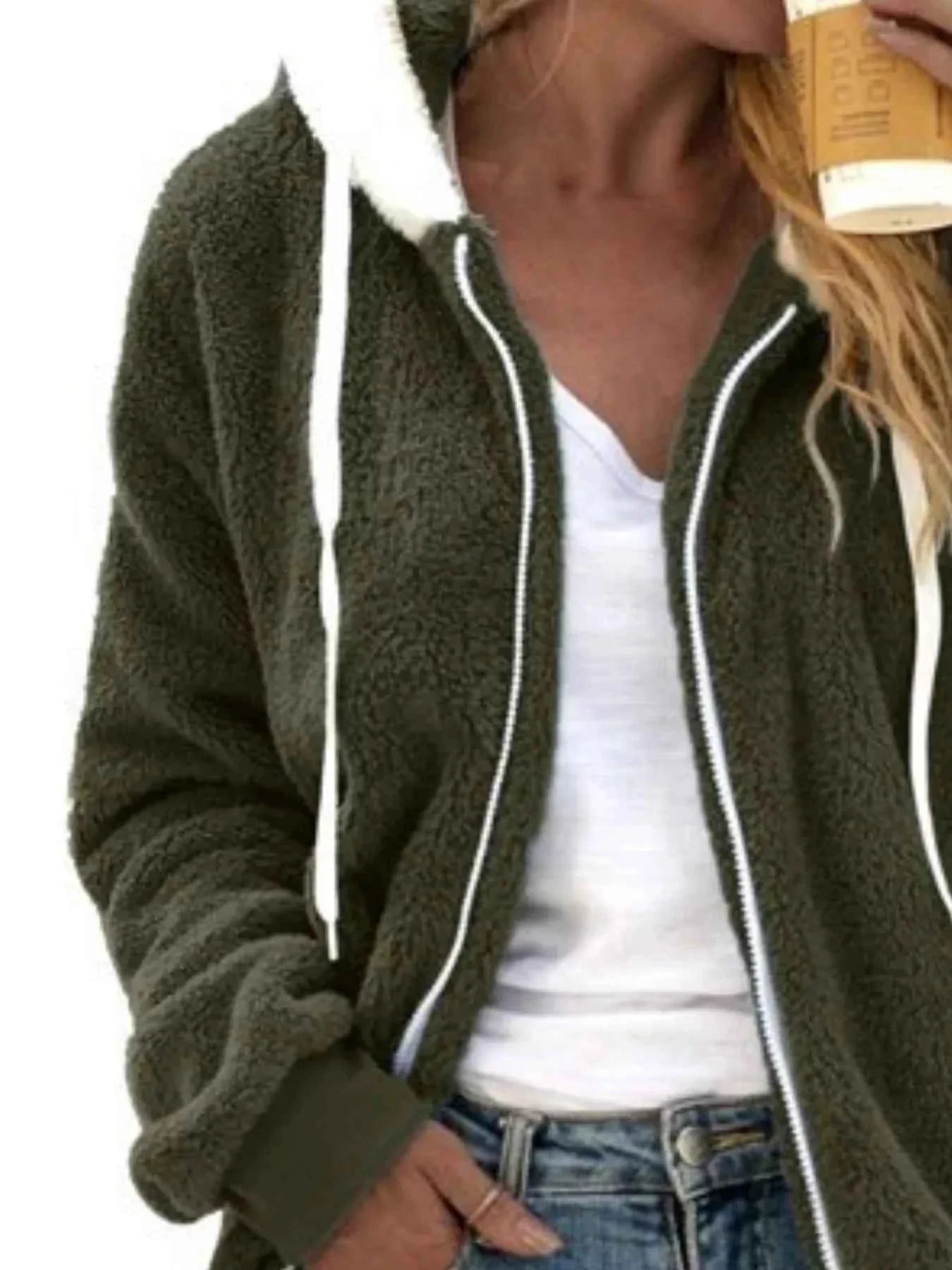 Full Size Cozy Fleece Zip-Up Hooded Jacket Plus Size THRIXINE